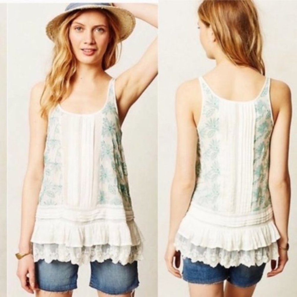 ANTHROPOLOGIE Sinaloa Tank Ivory Green Embroidered Ruffled Hem Top NEW